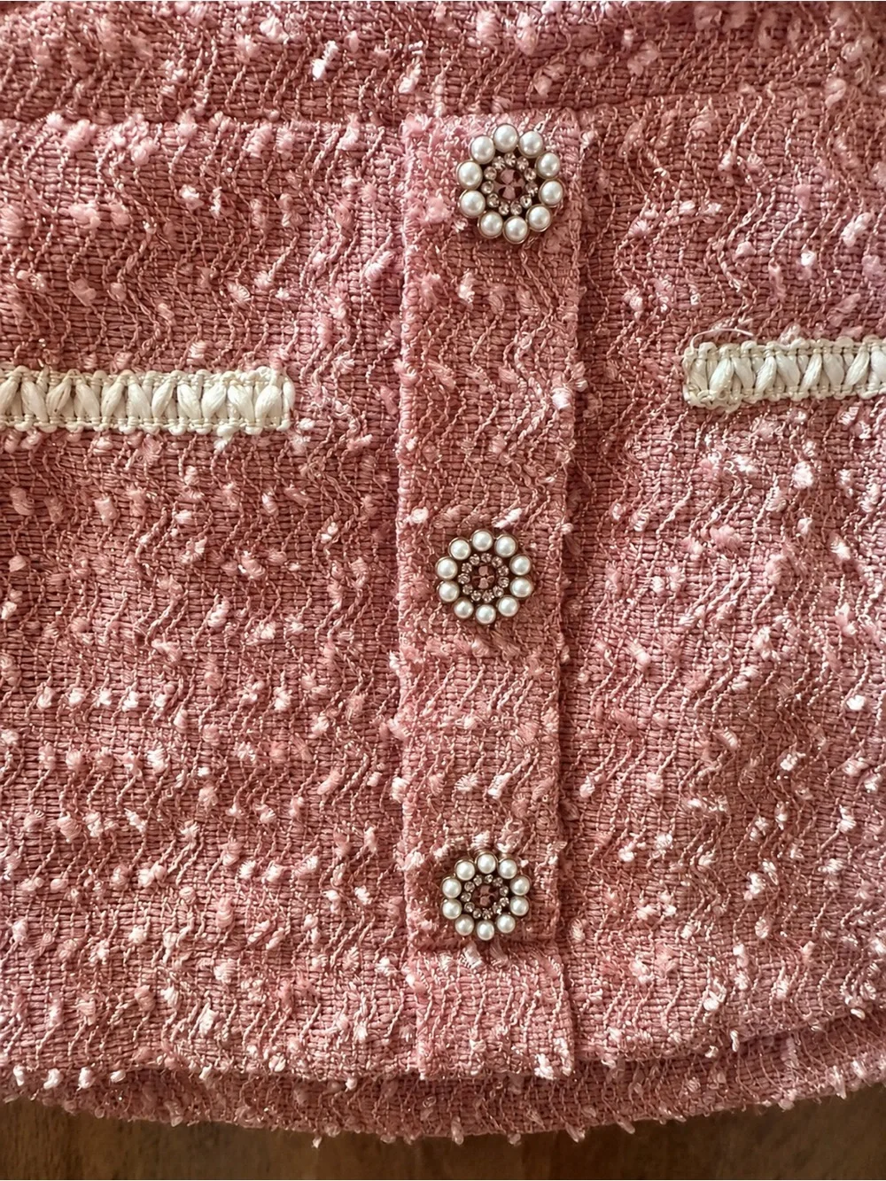 Le Chic Girls Size 2 Pink Tweed Skirt Suit Set Pearl Buttons Elle Woods